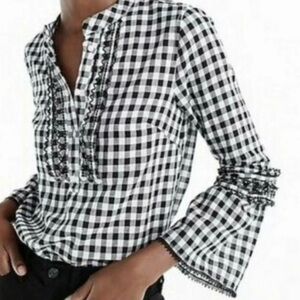 J Crew Black White Gingham Check Blouse Bell Sleeve Ruffled Buttons Sz 00 Gothic